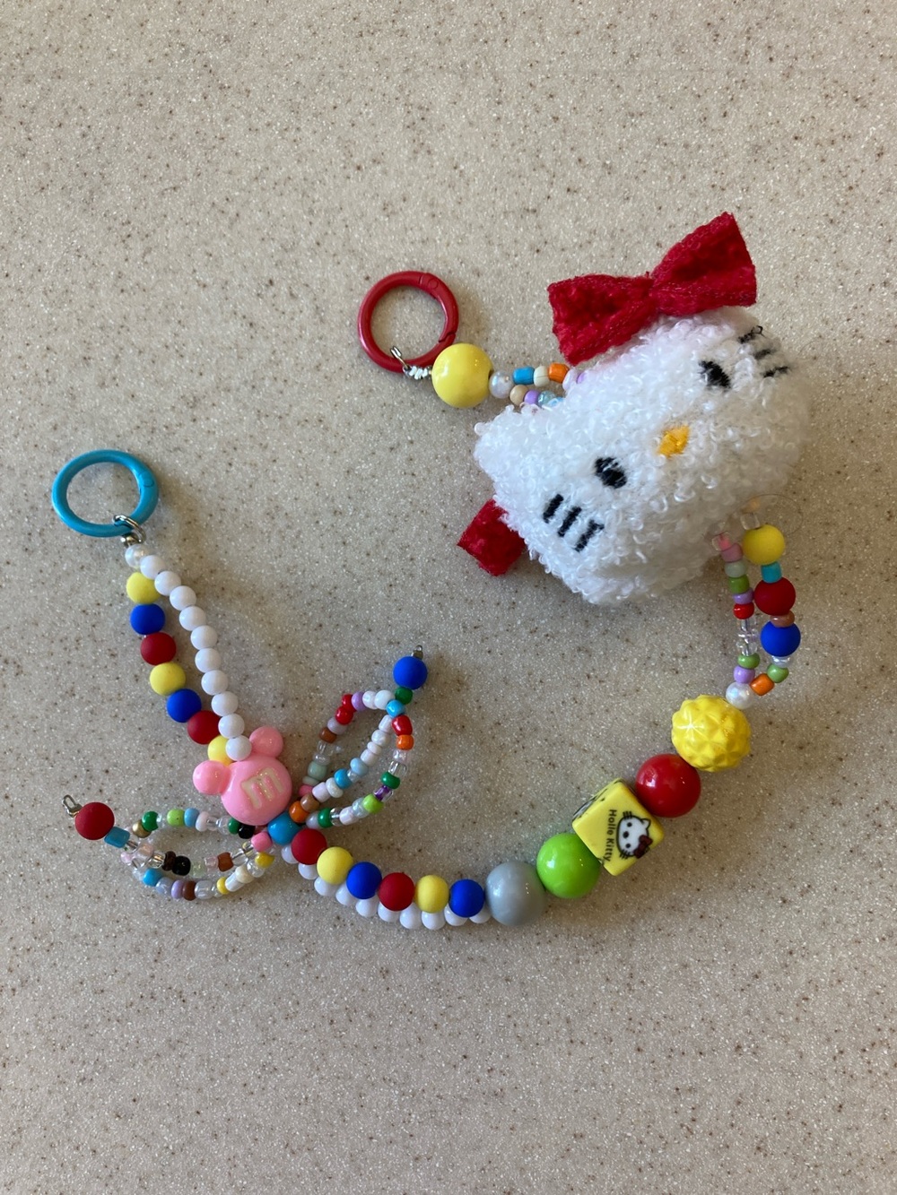 Hello Kitty White Plush Head Bag Charm with Red Bow and Multicolor Beads - Picture 3 of 9